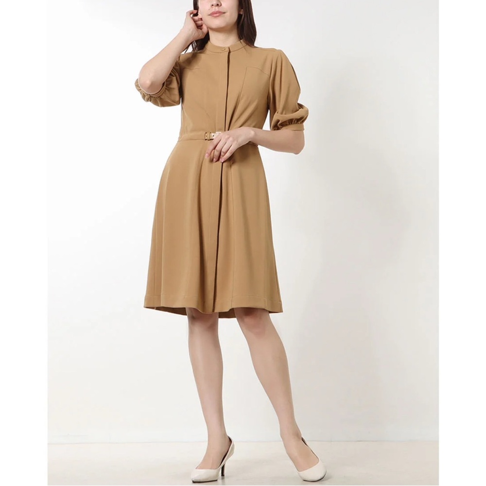 Women’s Calvin Klein Puff Sleeve Belted Scuba Crepe Dress - Camel